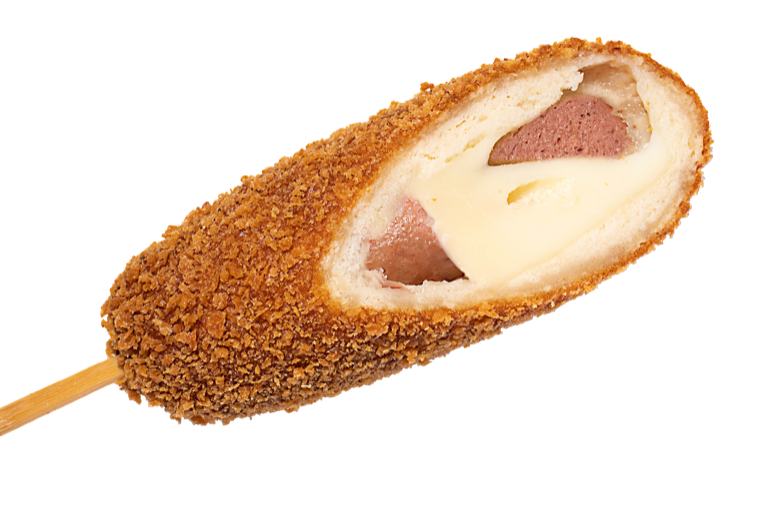 Rice Dog Moitié Poulet Mozza, cœur mi-saucisse mi-mozzarella filante