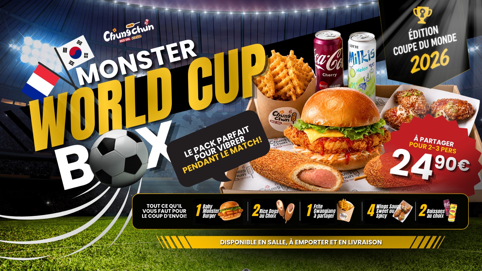Monster World Cup Box — Édition Coupe du Monde 2026 : 1 Baby Monster Burger, 2 Rice Dogs, 1 frite Gwangjang, 4 Wings et 2 boissons à partager pour 24,90€
